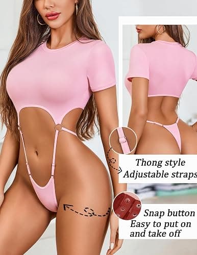 Avidlove Women's Sexy Cut Out Lingerie Bodysuit Short Sleeve Tshirt Body Suits Slim Fit Crew Neck Crop Tops thumbnail 2