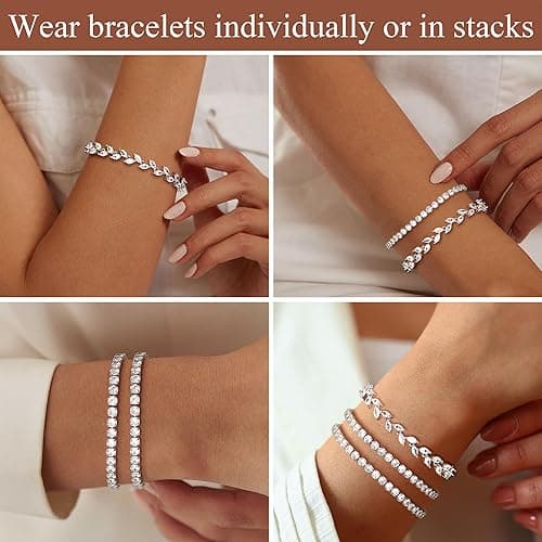 YADOCA Tennis Bracelets For Women - Silver Plated Bracelet Stack Cubic Zirconia CZ Diamond Adjustable Stackable Bracelets Set For Prom Wedding Jewelry Gift 3Pcs thumbnail 6