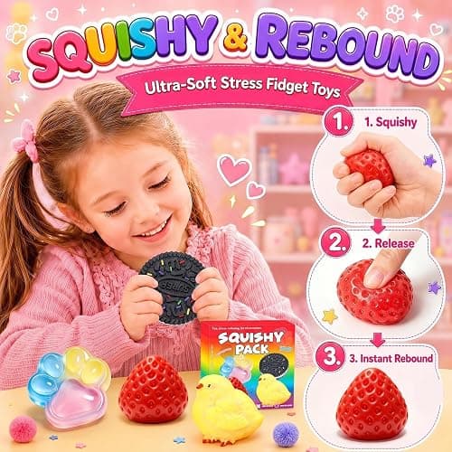 4Pcs Big Taba Squishy Fun Box Toys Kit Set, Including Strawberry Paw Chick Cookies, Stress Relief Squeezee Fidget Squishy Toys Pack, Cheap Squishies Party Favors Birthday Xmas Gifts for Kids Adults thumbnail 3