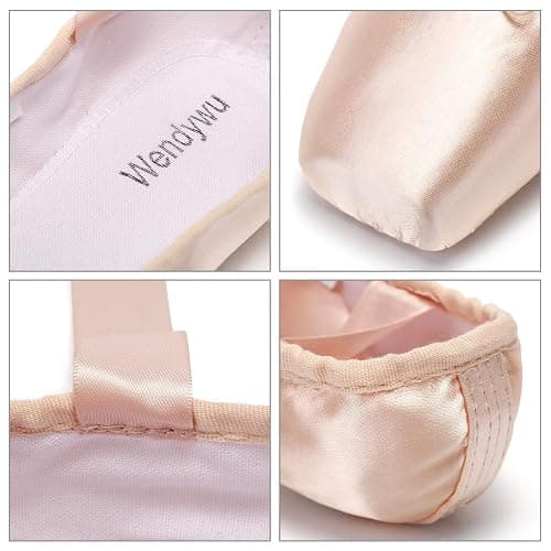 WENDYWU Girls Womens Dance Shoe Pink Ballet Pointe Slippers Ballet Flats Shoes with Ribbons Toe Pads Black Pink Red thumbnail 5