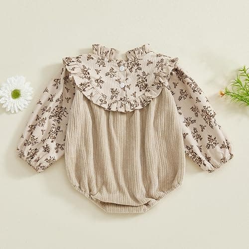 Baby Girl Bubble Romper Flower Print Long Sleeve Corduroy Bodysuit Smocked Jumpsuit Infant One Piece Fall Outfit thumbnail 4
