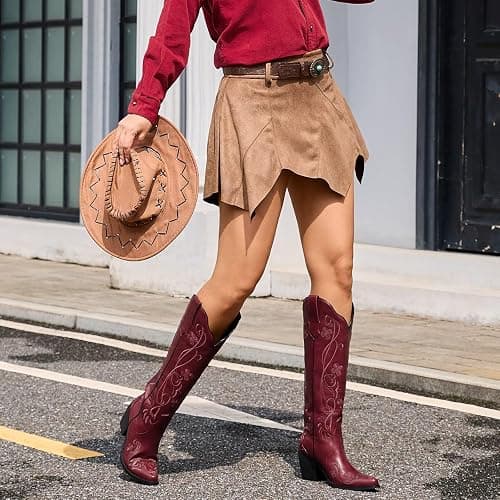 wetkiss Cowboy Boots for Women Knee High Cowgirl Boots, Western Boots with Floral Embroidered Pointed Toe Chunky Heel Pull On Retro Vintage Classic Tall Boots for Ladies thumbnail 3