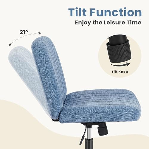 DUMOS Criss Cross Legged Chair Wide Comfy Home Office Desk Seat, No Wheels Armless Computer Task Seating, Swivel Vanity Chair Height Adjustable for Makeup Bedroom, Fabric Blue thumbnail 7