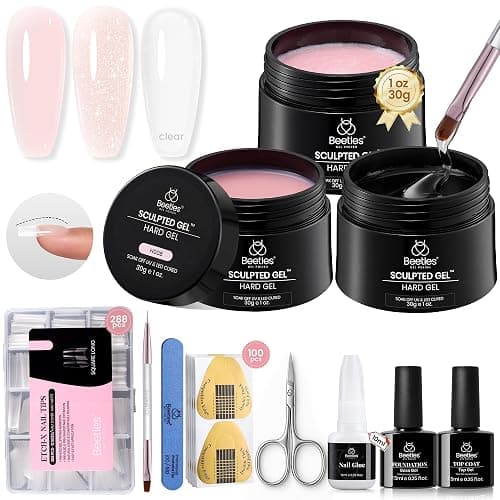 Beetles Hard Gel Nail Extension Kit, 3 Color Builder Gels & Half Cover Tips | Clear Nude Glitter for Nail Extension Sculpting, with Long Square Nail Tips, Base & Top Coat for Pros Women, UV&LED Cured - Image 1