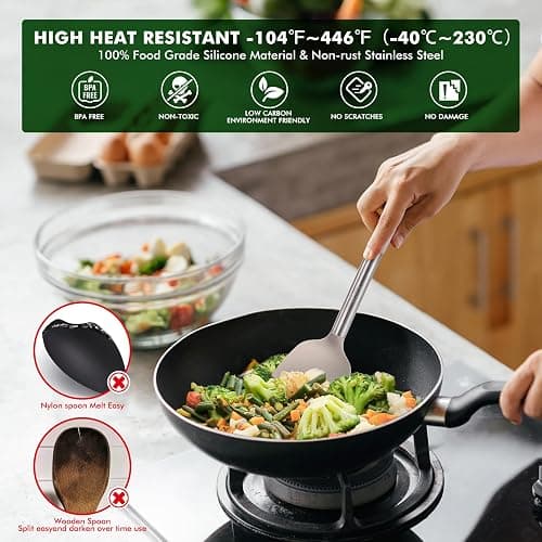 HOTEC 446°F Heat Resistant Silicone Kitchen Utensils, Cooking Utensil Set, Spatula Set, BPA Free, Kitchen Gadgets, With Stainless Steel Utensils Holder, Dishwasher Safe 14pcs Khaki thumbnail 6