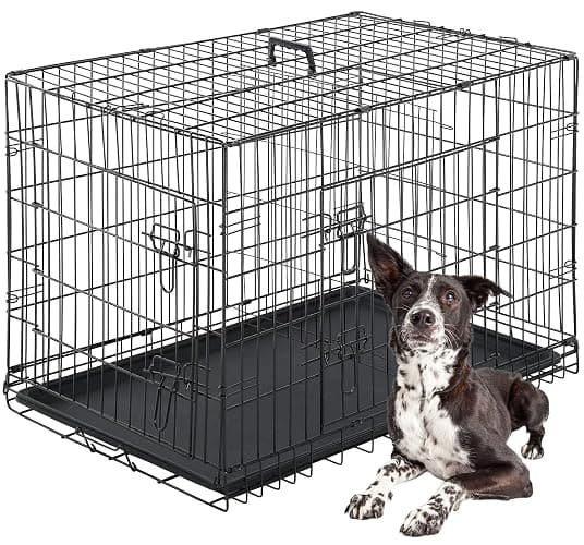FDW Dog Crate for Large Dogs 42 Inch Folding Metal WirePet Cage Double Door W/Divider Panel Indoor Outdoor Kennel Leak-Proof Plastic Tray,Black - Image 1