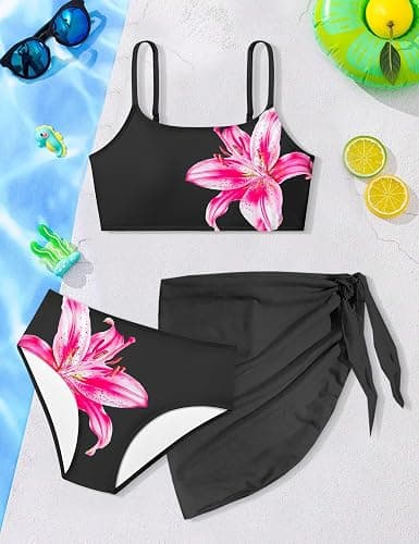 Boiltcat Girls Swimsuit High Waisted Contrast Striped 3 Piece Bathing Suit Bikini with Cover Up 9-16 Years thumbnail 6