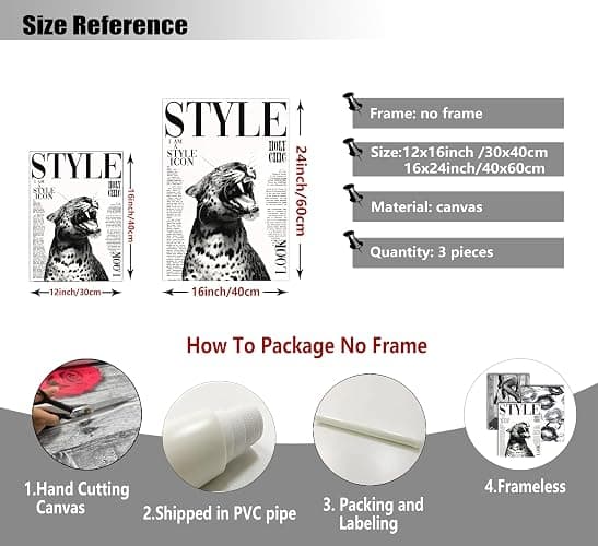 3Pcs Trendy Black and White Leopard Canvas Wall Art Vintage Newspeper Cheetah Wall Decor Fashion Girl Poster Heels Lips Picture Luxury Feminist Painting Print Artwork for Apartment Dorm,Unframed thumbnail 5