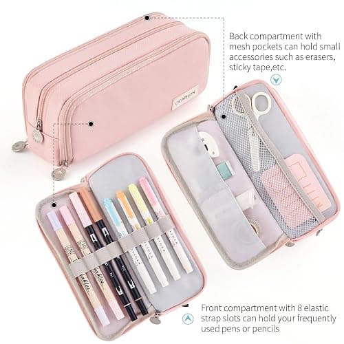 CICIMELON Large Capacity Pencil Case 3 Compartment Pouch Pen Bag for School Teen Girl Boy Men Women (Pink) thumbnail 4