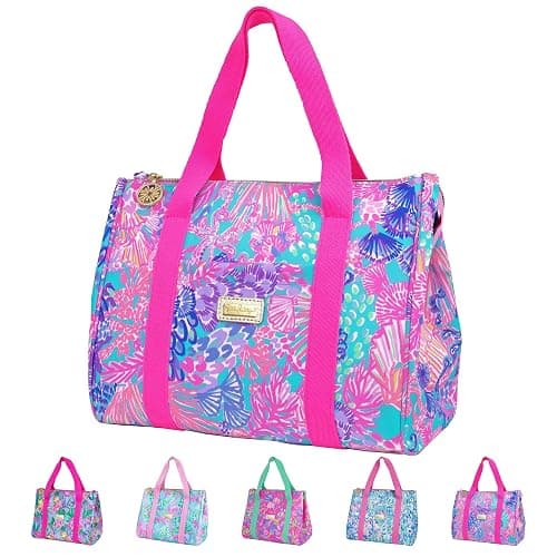 Lilly Pulitzer Cute Lunch Bag for Women, Large Capacity Insulated Tote Bag, Pink/Blue Mini Cooler with Storage Pocket and Shoulder Straps, Splendor in the Sand - Image 1