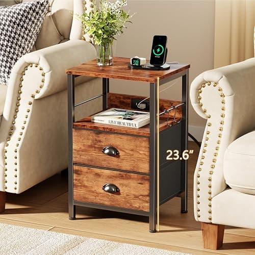 Furologee End Table with Charging Station, Nightstand with Fabric Drawers, Side Table with USB Ports & Outlets, Night Stand with Storage Shelf & Hooks, for Living Room/Bedroom, Rustic Brown thumbnail 4