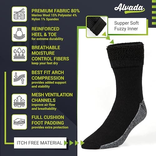 Alvada Merino Wool Hiking Socks Thermal Warm Crew Winter Boot Sock For Men & Women 3 Pairs thumbnail 3