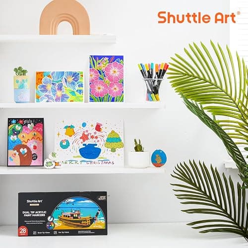 Shuttle Art 28 Colors Dual Tip Acrylic Paint Markers, Brush Tip and Dot Tip Acrylic Paint Pens for Rock Painting, Ceramic, Wood, Canvas, Plastic, Glass, Stone, Calligraphy, Card Making, DIY Crafts thumbnail 2