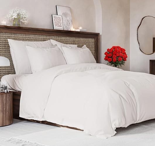 Duvet Cover Queen Size Set - Extra Soft Queen Size Duvet Cover 90 x 90 with 2 Pillow Shams - Hotel Luxury Easy Care & Fade Free w/Zipper Closures & Ties - Comfy Breathable Bedding Set (Antique White) - Image 1