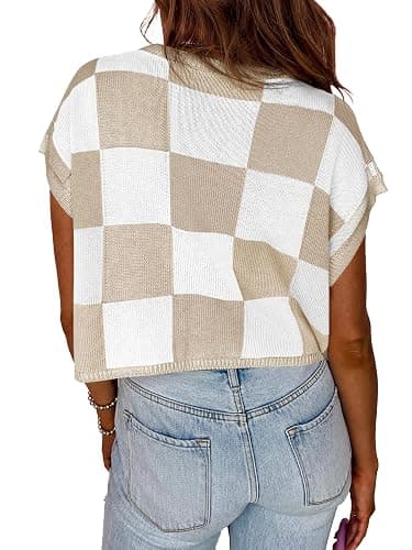 Saodimallsu Womens Cap Sleeve Crop Tops Summer Color Block Going Out Crew Neck Knit Trendy Casual Sweater thumbnail 4