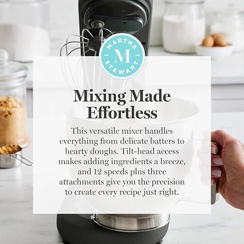 Martha Stewart Stand Mixer, 12 Speed, Tilt-Head, 5.3QT Stainless Steel Bowl, Splash Guard with Pour Chute, Whisk, Dough Hook, Flat Beater, Electric Kitchen Baking Mixer, Bread, Cake, Whip, Caviar Gray thumbnail 11