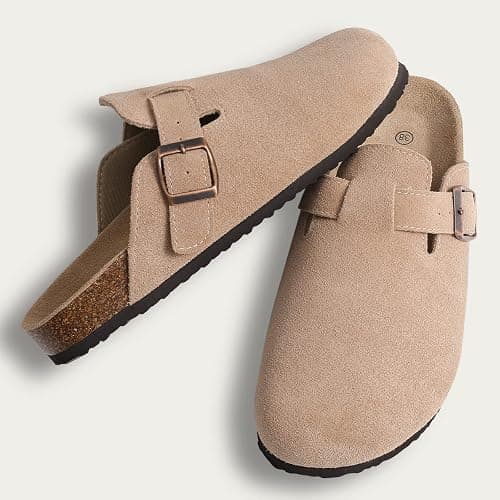 KIDMI Women's Suede Clogs Leather Mules Cork Footbed Sandals Potato Shoes with Arch Support - 8.5 - Taupe thumbnail 3