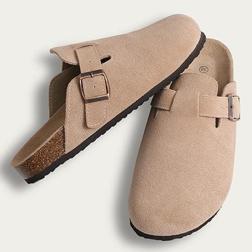KIDMI Women's Suede Clogs Leather Mules Cork Footbed Sandals Potato Shoes with Arch Support - 8.5 - Taupe thumbnail 3