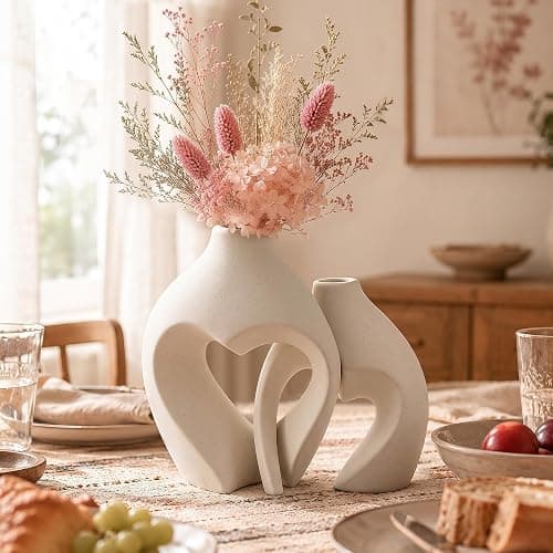 White Ceramic Flower Vase Home Table Decor Heart Shaped Vase Set of 2 | Boho Heart Shaped Minimalist Decorative Vases for coffee Table Centerpiece Wedding Dining Living Room Office House Decoration thumbnail 6