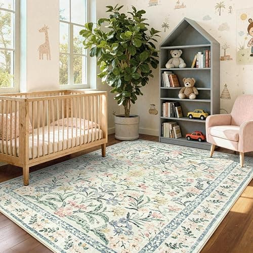 Wonnitar Boho Floral Washable Rugs 5x7, Soft Area Rugs for Bedroom, Ultra-Thin Non Slip Beige Area Carpets, Flower Print Decor Carpet for Living Room Nursery Dining Room Office - Image 1
