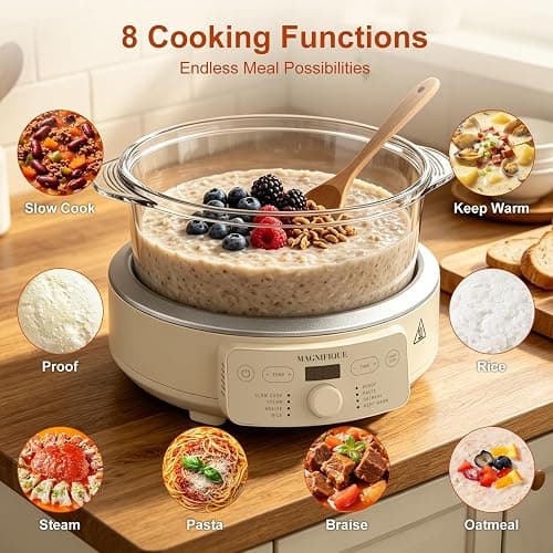 MAGNIFIQUE Slow Cooker, 4.5 Quart 8-in-1 Glass Pot Multi-Cooker, Non-Toxic Slow Cooker with Removable Borosilicate Glass Pot, for Rice, Pasta, Steam & Proof, Oatmeal thumbnail 3