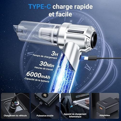 NVKHG Aspirateur à Main, 28000Pa Aspirateur à Main sans Fil, 3 en 1 Mini Aspirateur de Voiture avec Moteur sans balais, Pliable Aspirateur sans Fil pour Voiture, Maison, Cuisine thumbnail 4