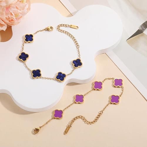 AIPPK 18K Gold Plated Clover Lucky Bracelet for Women White/Black/Red/Green Flower Four Leaf Link Bracelets Trendy Jewelry Gifts for Women thumbnail 5