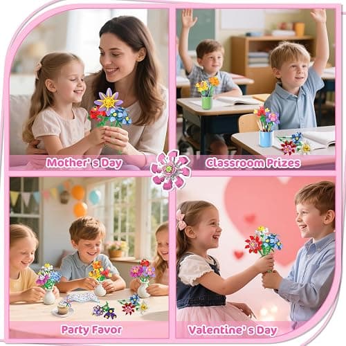 24 Pack Flowers Valentines Party Favors for Kids Building Set - 789PCS Flowers 3.6MM Mini Building Block Toy for Valentines Day Classroom Prize Stocking Stuffer Birthday Return Gift for Girl Boy 6+ thumbnail 3