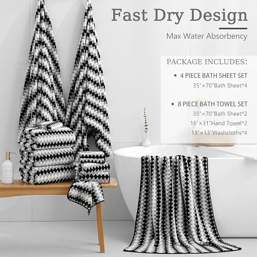 8 Piece Bathroom Towel Set Black White|2 Oversized Large Bath Towels Sheet,2 Hand Towels,4 Washcloths| 600GSM Soft Towel Set for Bathroom Hotel,Highly Absorbent Quick Dry Bath Towel Collections thumbnail 4