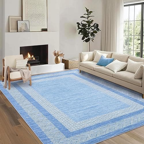 GarveeHome 8x10 Large Washable Area Rug Modern Bordered Distressed Geometric Floor Carpet, Soft Non Slip Low Pile Non Shedding Indoor Light Blue Carpet for Bedroom, Living Room thumbnail 2