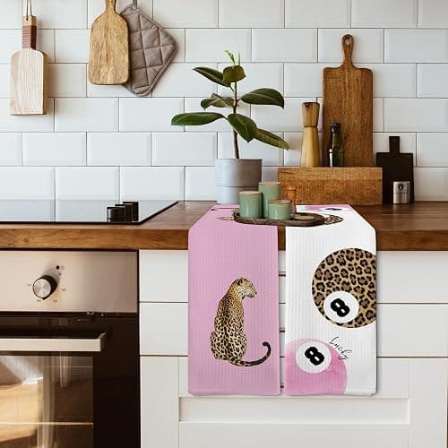 XNXLDYLH Trendy Leopard Cheetah Print Poker Lucky 8 Ball Bathroom Home Decor, Preppy Pink Leopard Decor Dish Hand Tea Towels for Bathroom Sets of 4, Cheetah Kitchen Towels and Dishcloths, 16x24 Inch thumbnail 6