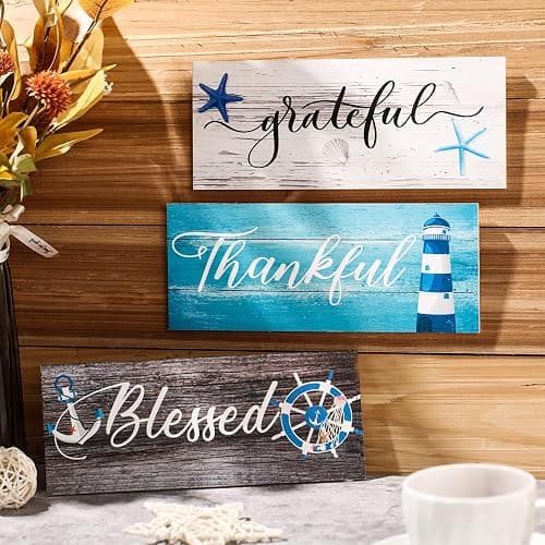 Yookeer 3 Pieces Thankful Grateful Blessed Wooden Signs Coastal Rustic Wood Signs Wall Decor Beach Wood Front Hanging for Farmhouse Outdoor Decor(Coastal Style) thumbnail 4