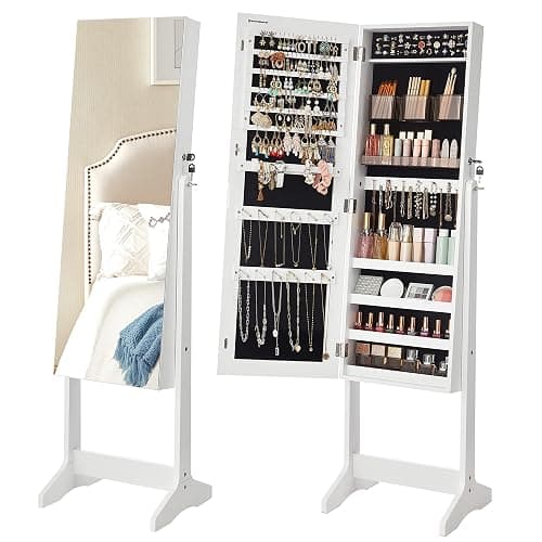SONGMICS Jewelry Cabinet Armoire, Freestanding Lockable Storage Organizer Unit with 2 Plastic Cosmetic Storage, Full-Length Frameless Mirror, for Necklace Earring, White UJJC002W01 - Image 1