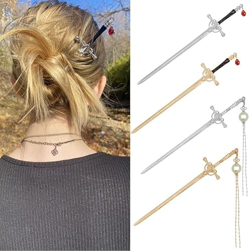 4Pcs Sword Hair Stick Retro Metal Hair Sticks Ancient Style Swords Hair Chopsticks for Women and Men, Chinese Hair Pins Hair Sticks Hair Daggers with Tassels for Hair Accessories - Image 1