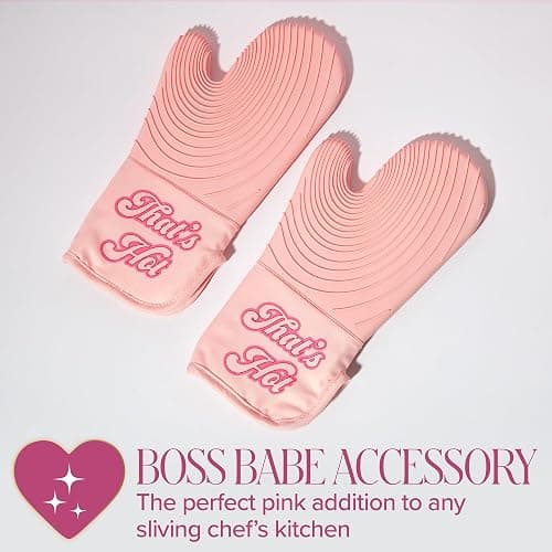 Paris Hilton Oven Mitt Set with Iconic That's HOT Design, Heat Resistant Pot Holders Featuring Non-Slip Textured Silicone Grips, 2-Piece Set, Pink thumbnail 7