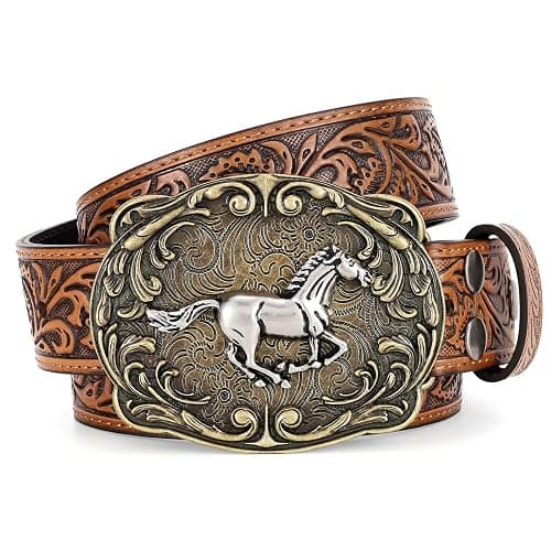 SANSTHS Cowboy Western Belts for Men Women Western Cowboy Buckle Belt Country Cowgirl Mens Leather Belt for Jeans Gifts - Image 1