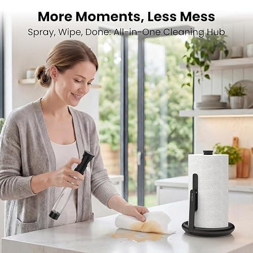 Ultrean Paper Towel Holder with Spray Bottle, Countertop Freestanding Paper Towel Dispenser with Spring-Loaded Tension Arm for One-Handed Tear, Weighted Base, Stainless Steel for Kitchen, Black thumbnail 2
