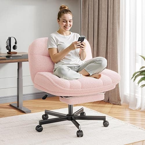 DurayLoly Cross Legged Office Chair with Foot Rest, 6.3" Thick Cushioned Criss Cross Chair with Wheels, Height Adjustable Swivel Vanity Chair for All-Day Comfort (Pink) - Image 1
