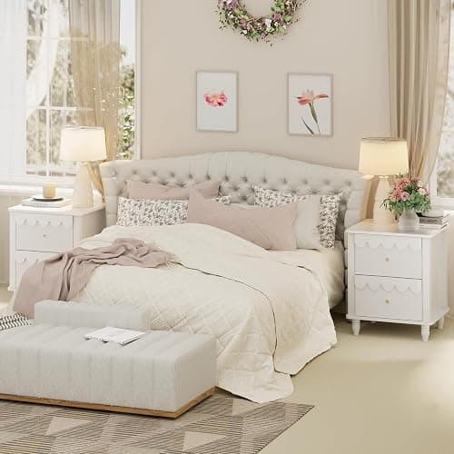 White Nightstand Side End Table with 2 Drawers, Modern Wood Night Stand with Petal Pattern for Bedroom, Scalloped Bedside Night Tables with Solid Wood Legs thumbnail 3