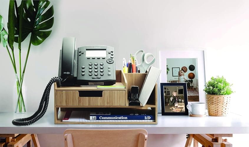 MobileVision Bamboo Telephone Stand With Drawer Paper Tray & Pencil Holder Storage Solution for office products pens scissors staplers notepads business cards & more - Bamboo Stand + Drawer + Tray thumbnail 2