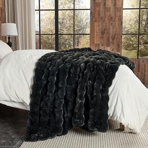 Lotus Karen Faux Fur Throw Blanket Black - Big Bubble Rabbit Fluff Blanket for Couch, Small Fluffy Fuzzy Cozy Blanket, Thick Furry Plush Shaggy Blankets, 50x60 Inches thumbnail 4