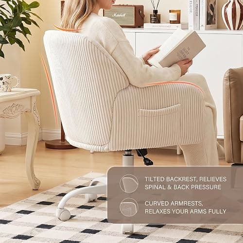 KRAMZMING Teddy Fleece & Corduroy Desk Chair, Swivel Office Chair White | Upholstered Vanity Chair with Side Pocket & Wheels, Height Adjustable Chair for Bedroom Makeup Study thumbnail 5