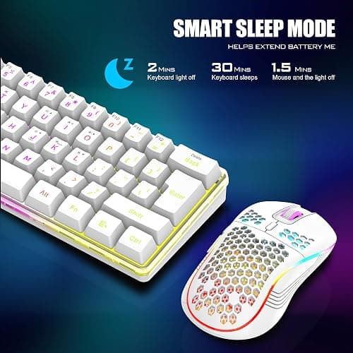 RedThunder 60% Wireless Gaming Keyboard and Mouse Combo, 2500mAh Rechargeable Battery, Ultra-Compact Small RGB Mechanical Feel Keyboard, Lightweight Honeycomb Optical Mouse for Gaming/Business, White thumbnail 4