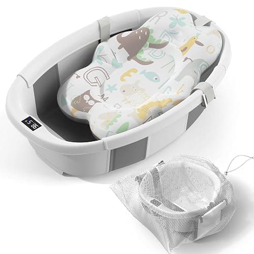 Collapsible Baby Bathtub - Large Baby Bath Tub with Thermometer & Cushion | Travel Portable Newborn Infant Bathtub | Foldable Toddler Bathtub for Baby 0 to 36 Months (Grey) - Image 1