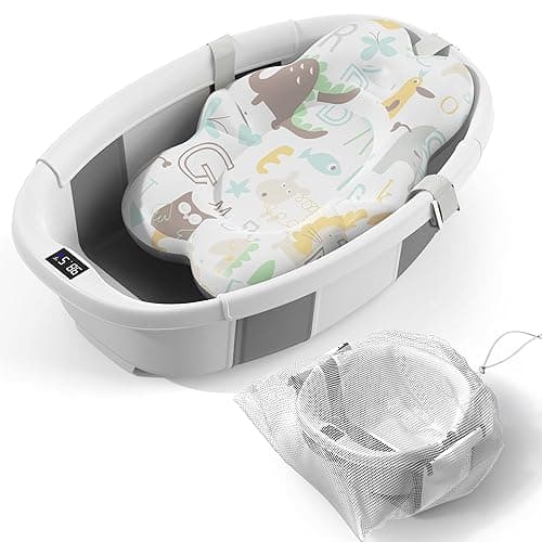Collapsible Baby Bathtub - Large Baby Bath Tub with Thermometer & Cushion | Travel Portable Newborn Infant Bathtub | Foldable Toddler Bathtub for Baby 0 to 36 Months (Grey) - Grey