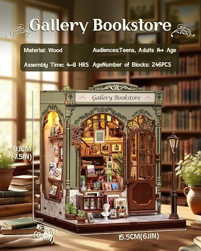 CUTEBEE DIY Book Nook Kit, Miniature House Kits for Adult and Teens, DIY Miniature Book Nook kit with Sensor Led Light, Gifts for Lovers and Family (Gallery Bookstore) thumbnail 3