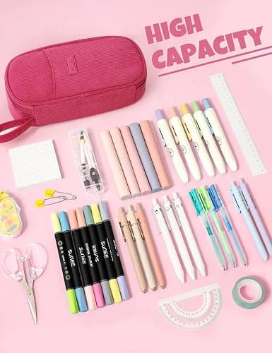 SUNEE Cute Pencil Case, Large Pencil Pouch, Soft Corduroy Fabric Big Pencil Bag with Zipper, Kawaii Pen Bag Stationery Storage and Organizer, School Supplies for Teen, Student, Boys, Girls, Berry Pink thumbnail 4