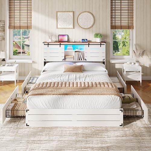 VIAGDO Wooden Bed Frame Full Size with Bookcase Headboard and Sliding Barn Door, Farmhouse Bed Frame Full Size with Charging Station, LED Lights and 4 Storage Drawers, No Box Spring Needed, White thumbnail 7