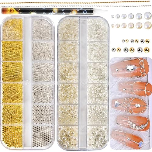 4390pcs Gold Nail Charms Caviar Beads for Nails, 2 Box Silver & Gold Beads for Nails and Flatback Pearls for Nail Art Supplies, Chloe Golden Caviar Chain for Nail Decals Jewelry Accessories - Image 1