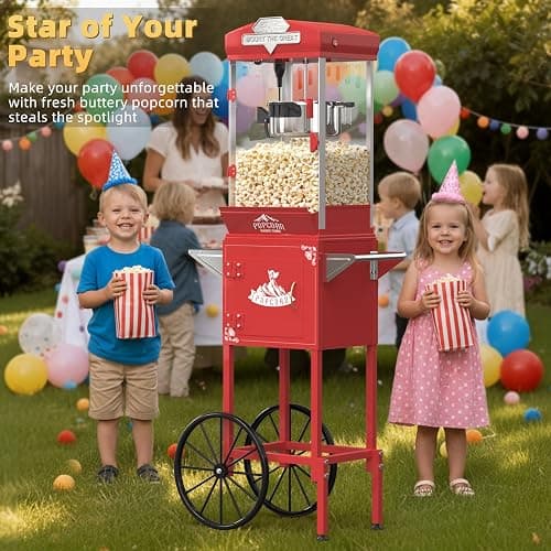 HUGROVE 10oz Popcorn Machine with Cart, 480W Vintage Popcorn Maker for Home Cinema, Professional Stainless Steel Kettle, One-Touch Operation Popper for Game Day (Light Red) (Light Red) thumbnail 2